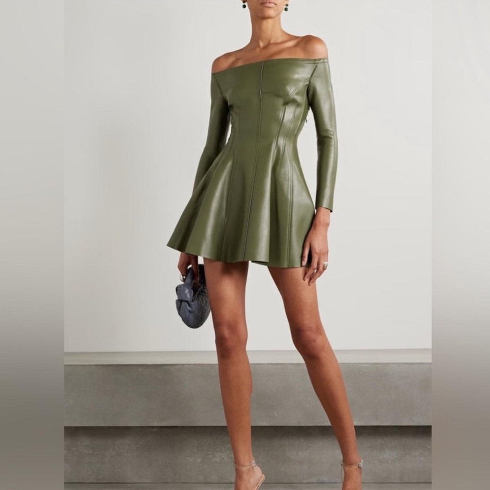 Olive Green Off-Shoulder Leather Dress